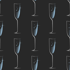 Elegant champagne glasses with sparkling effect on dark background. Vector Seamless pattern.