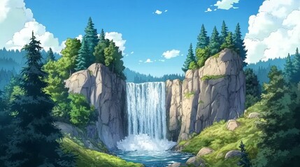 Serene Waterfall in Lush Green Forest Landscape A Stunning View of Nature s Beauty