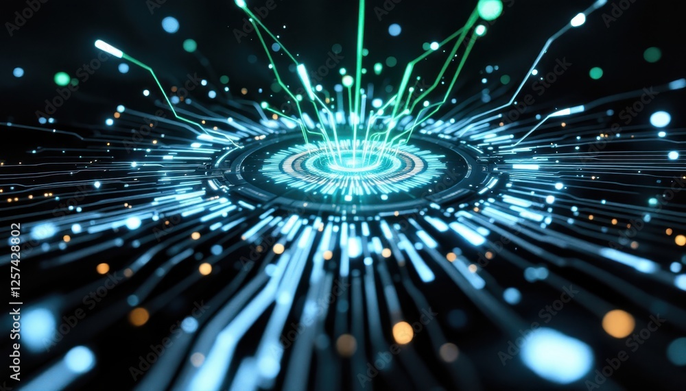 Poster futuristic digital interface with glowing neon lights and tech elements