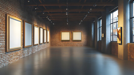 Empty Art Gallery with Brick Walls and Large Windows, Ready for Exhibition