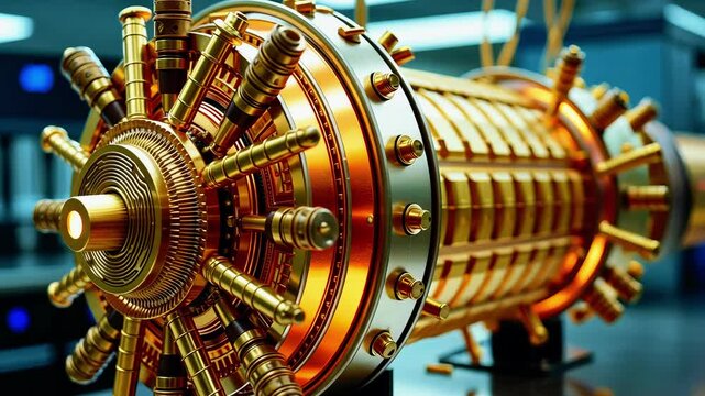 Close-up view of a futuristic, golden quantum device showcasing intricate details and technology