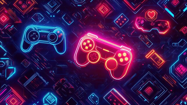 A colorful gaming-inspired abstract design with pixelated textures, glowing controllers, and digital icons