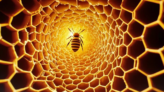 Honey bee crawling inside honeycomb tunnel