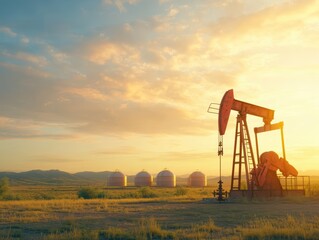 Oil pump jack in agricultural field surrounded by green grass and blue sky on sunny day