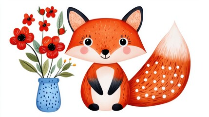 Obraz premium A cute, illustrated fox sits beside a blue vase filled with colorful flowers, showcasing a playful and vibrant design.