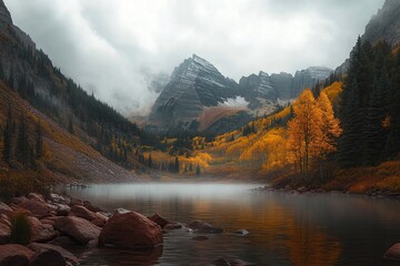 Autumnal Mountain Lake: Serene Mist-Shrouded Landscape with Golden Aspens Reflecting Tranquilly