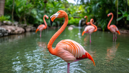 Fototapeta premium A vibrant scene featuring flamingos wading in a serene water setting, surrounded by lush greenery and a tranquil atmosphere.