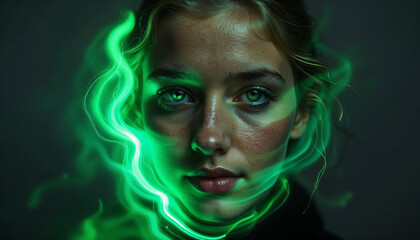 a woman with green light around her face
