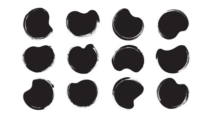Brush paint shape, ink stain, organic irregular blob charcoal texture, black crayon round form, rough spot hand drawn, chalk scribble icon isolated on white background. Rough vector illustration