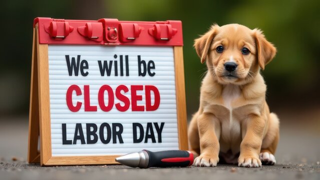 Puppy announcing labor day closure with sign and letter punch