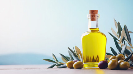close up of glass bottle of olive oil with olives and leaves