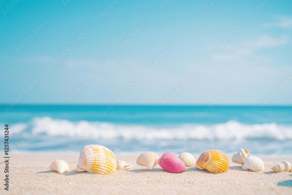 Poster various seashells lying on sandy beach with soft waves in the background on a sunny day