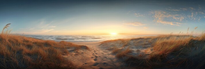 Coastal dunes path at sunset