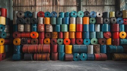 Fototapeta premium Colorful rolls of industrial plastic material stacked in a warehouse.