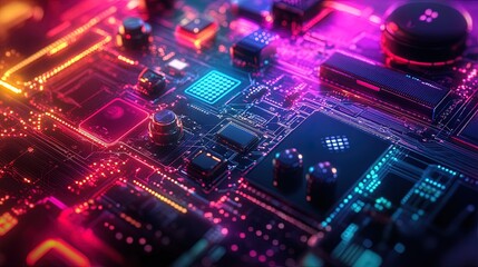 Fototapeta premium A colorful abstract gaming background with neon lights, pixels, and abstract game elements