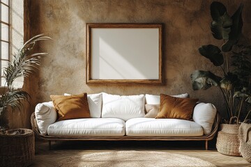 Modern Living Room Featuring White Sofa, Brown Walls, and Dining Table Mockup with Empty Frame.