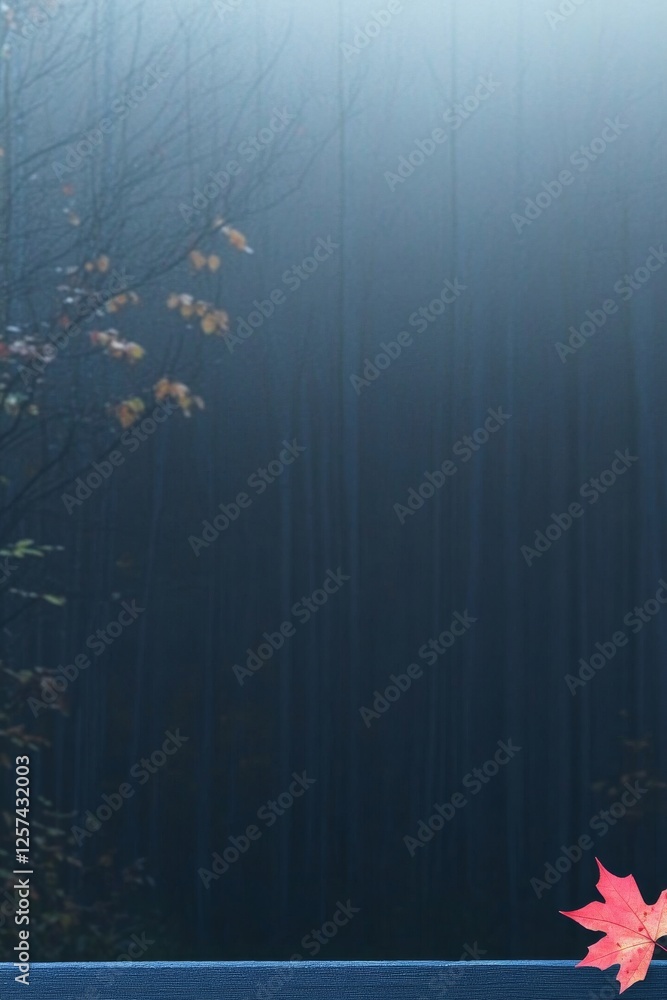 Aufkleber a misty forest scene with soft colors, highlighted by a vibrant red leaf, creating a serene and tran
