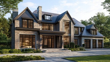 Obraz premium Luxurious stone house, driveway, green lawn. Architecture rendering