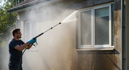 Man cleaning house exterior with pressure washer on sunny day