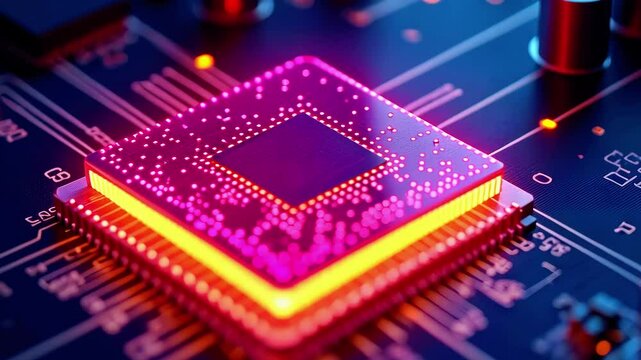 Close-up of a vibrant microchip on a circuit board, showcasing intricate details and glowing lights