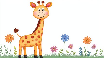 A cheerful cartoon giraffe stands beside colorful flowers in a vibrant, playful scene.