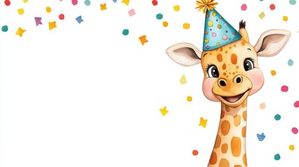 Fototapeta premium A cheerful giraffe wearing a party hat smiles amidst colorful confetti, perfect for a birthday celebration theme.