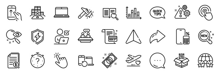 Search text, Diagram graph and Financial documents line icons pack. Share, Message, Paper plane icons. Medical flight, Search, New products web icon. Rating stars, Qr code, Bitcoin pictogram. Vector