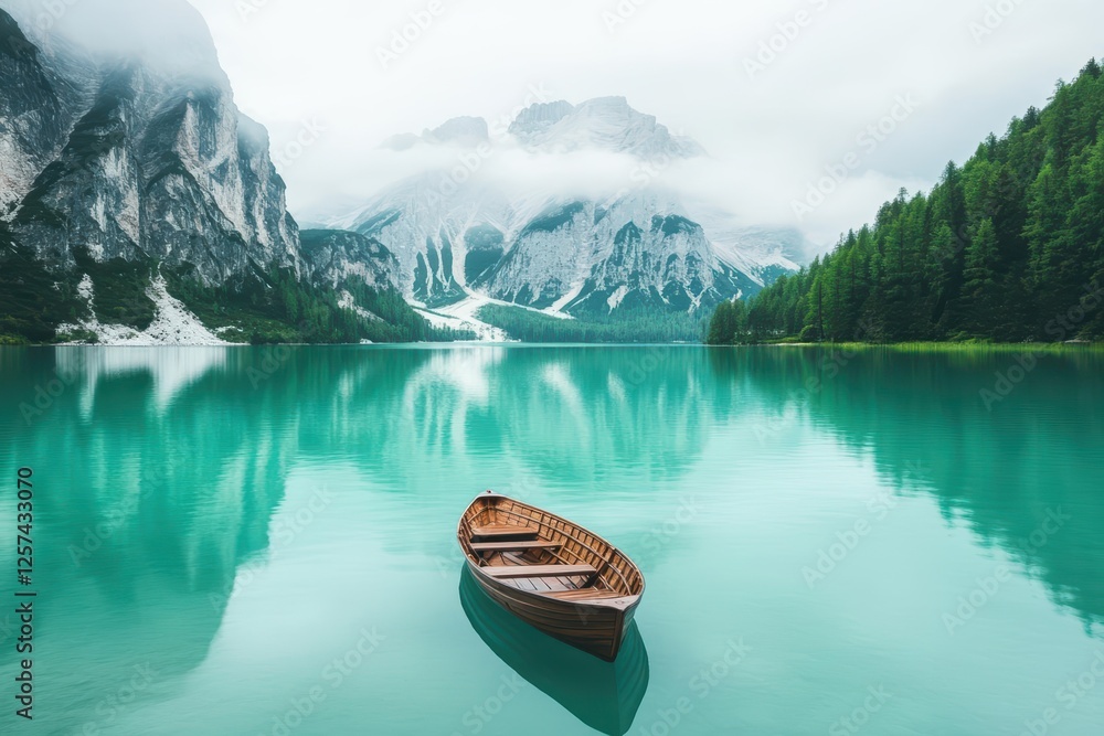 Poster Boat floating on a calm lake with mountains and trees in the background on a sunny day