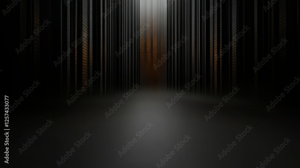 Poster a dark corridor with vertical lines leads to a bright, illuminated area, creating a mysterious and a