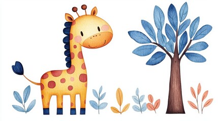 Naklejka premium A cute, cartoon giraffe stands beside a stylized tree and colorful foliage, showcasing a playful, whimsical design perfect for children's art.