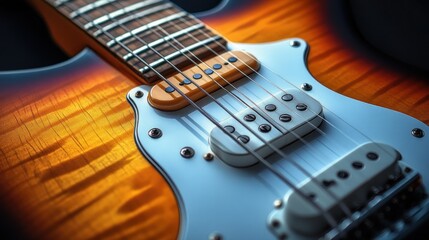 Close-up electric guitar neck, vibrant color gradient, dark background, studio shot