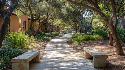 Sunlit path, villas, trees, California resort