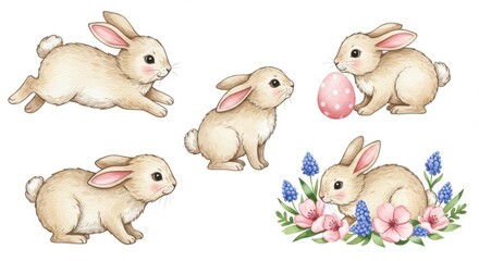 Cute cartoon bunnies playing with flowers and easter egg