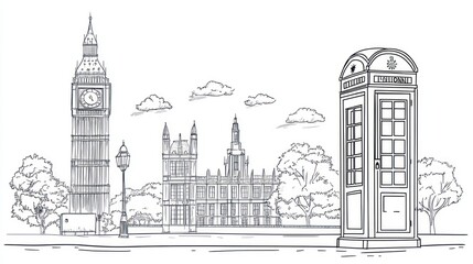 London landmarks sketch Big Ben, Houses of Parliament, phone booth
