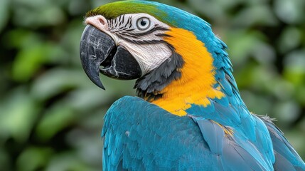 Fototapeta premium Close-up of a Blue-and-Gold Macaw in a lush green forest background