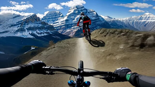 Two mountain bikers navigate a rocky trail surrounded by majestic mountains under a bright blue sky