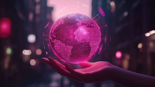 A hand holds a holographic, glowing, 3D model of Earth, overlayed with digital data connections, against a blurred cityscape background at dusk.