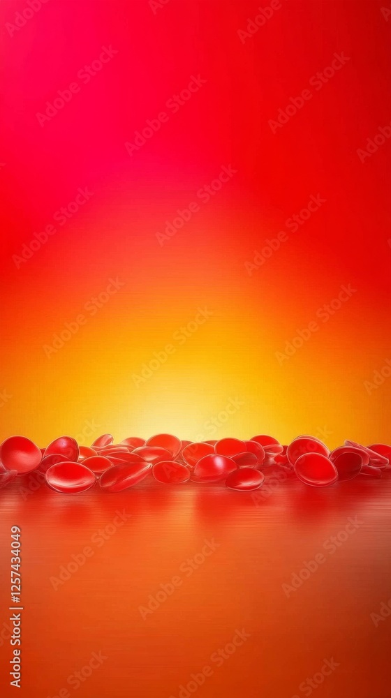 Poster a vibrant gradient backdrop with red and orange hues, featuring glossy red droplets scattered across