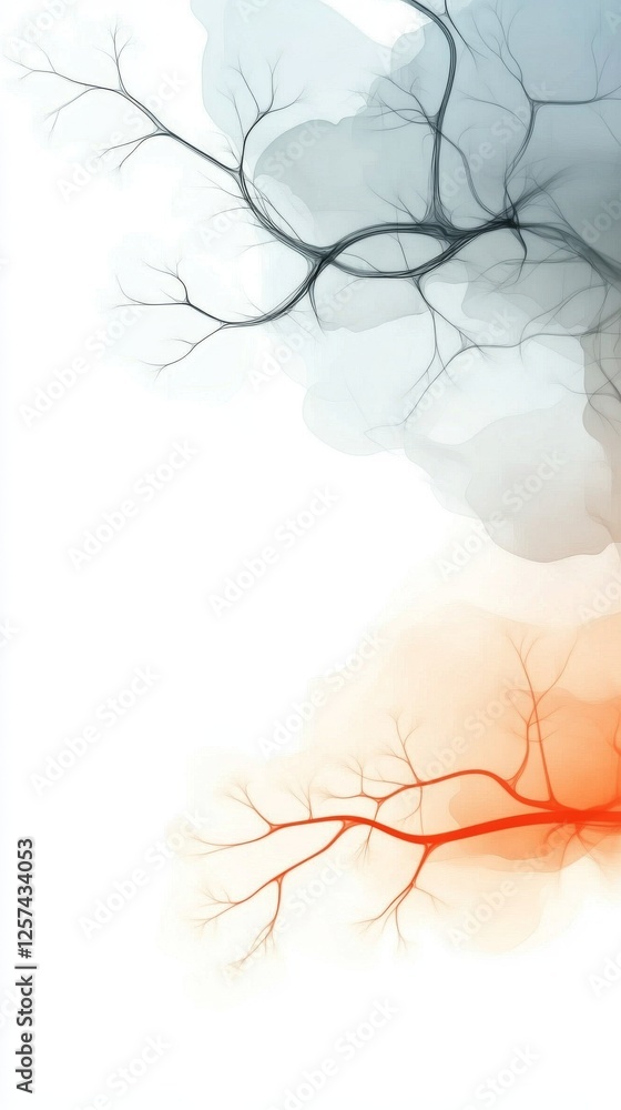 Poster a serene abstract design featuring delicate branches emerging from soft hues of blue and orange, cre