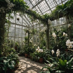 A lush greenhouse garden with white orchids and climbing vines. © Dogfeeding1997