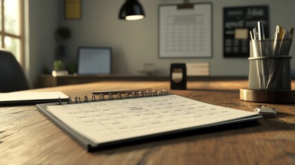 Desk calendar showing schedule, office background