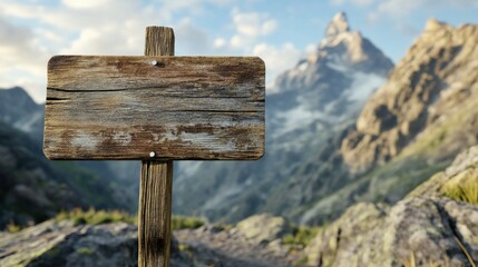 Blank wooden signpost, mountain range background, travel, adventure