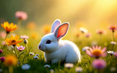 Obraz premium A small white rabbit lying on a meadow filled with colorful flowers, soft warm lighting, dreamy and cute, hyper-detailed