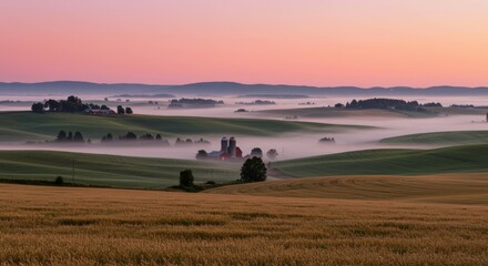 Obraz premium Serene farm landscape at sunrise with misty fields and rolling hills