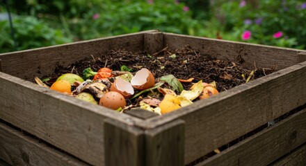 Organic composting bin filled with fruit scraps in a lush garden setting