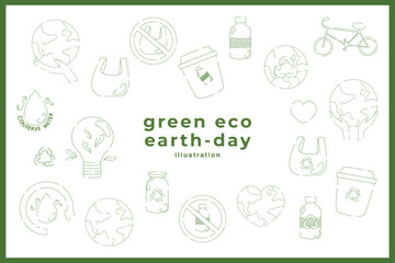 Hand drawn vector illustration of Happy Earth day concept minimal line doodle drawing element set. Save the earth, eco friendly. For web, banner, campaign, social media post.
