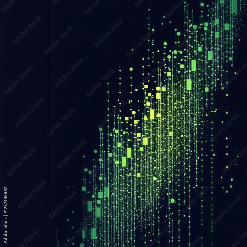 Poster Abstract Data Stream: Green Digital Flow on Dark Background, Emphasizing Connectivity and Modern Technology with Geometric Shapes and Gradient Lighting.