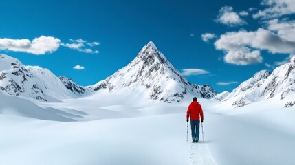 Hiker Trekking Through Snowy Landscape Under Bright Blue Sky and Majestic Mountain Peaks