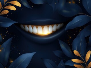 Fototapeta premium A surreal digital illustration of a glowing smile emerging from the darkness, surrounded by deep blue leaves and golden sparkles, creating a mysterious and enchanting atmosphere