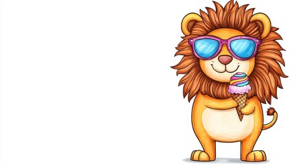 Obraz premium A cute cartoon lion wearing sunglasses holds an ice cream cone, exuding a fun and playful vibe.